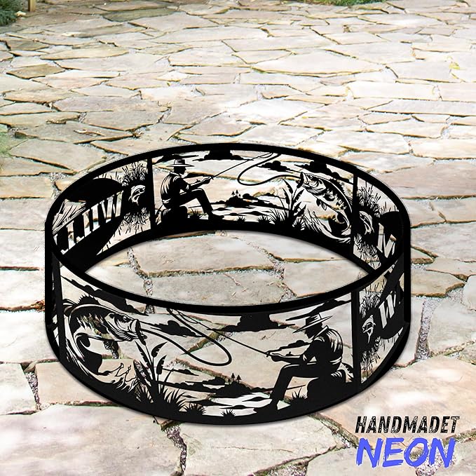 Personalized Fire Pit Ring Fishing Custom Name Cutout Metal Campfire Ring Stove 360 Degree Firepit Outdoor BBQs Backyard Camping Garden Decor Gifts for Father Dads Fishermen