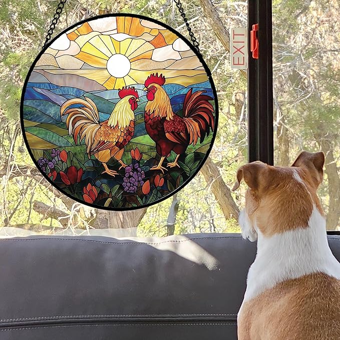 AMDERVEN Stained Glass Window Hanging, Countryside Scenery Chicken Sun Catcher for Door Home Decor Sunrise Suncatcher Christmas Mother's Day Birthday Gifts for Women Men Mom Nana 11.8 in