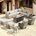 HOOOWOOO Outdoor Sectional Patio Furniture Set with Fire Pit Table,13 Pieces Wicker Conversation Sets L Shaped Couch,Extra Deep Out Door Sofa Outside Furniture with Swivel Chairs Ottomans,Light Gray