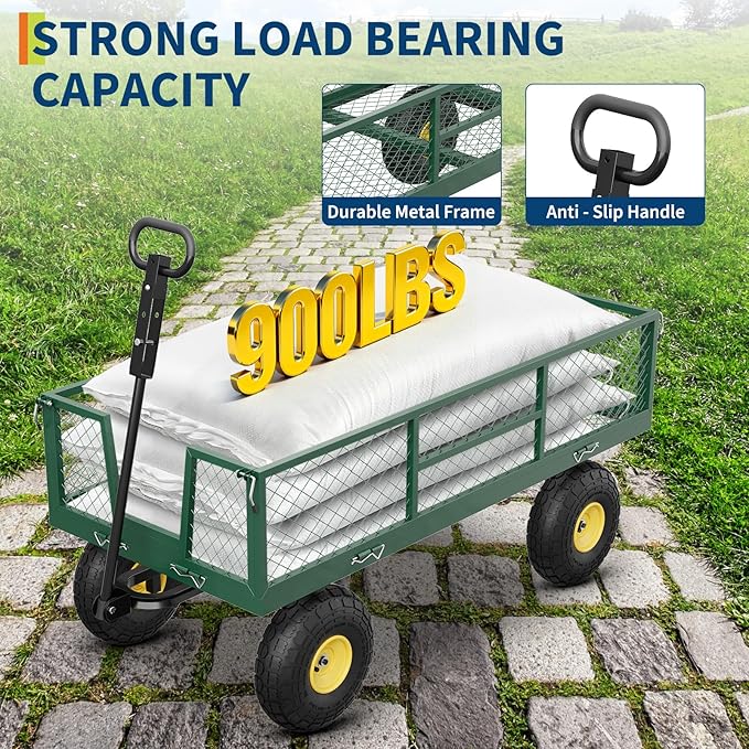 900 LBS Garden Cart on Wheels with Adjustable Handles, Heavy Duty Steel Garden Wagon with Removable Mesh Sides to Convert into Flatbed, Wagon Cart for Lawn Farm Yard, Green