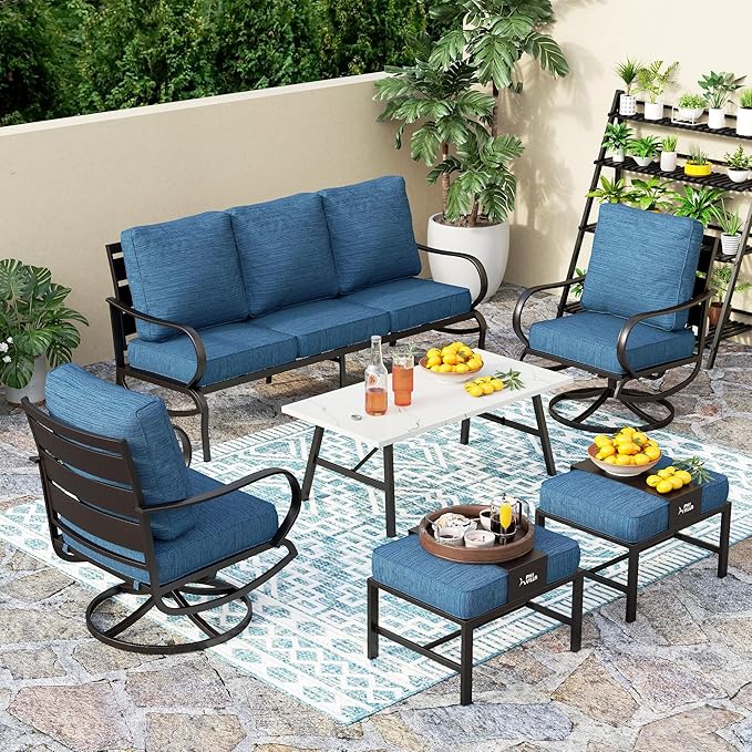 PHI VILLA 6 Piece Patio Furniture Sets with 1 x 3-Seat Deep Seating Bench, 2 x Cushioned Swivel Sofa Chairs, 1 x Coffee Table & 2 Ottoman, Outdoor Metal Conversation Set for Lawn Garden, Peacock Blue