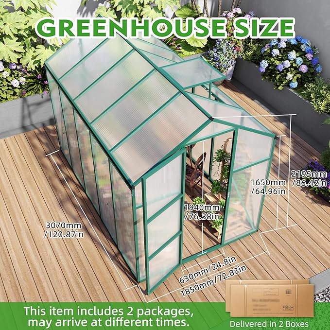 KEIKI Aluminum 6x10 FT Walk-in Polycarbonate Greenhouse, Outdoor Gardening Greenhouse with Raised Base, Roof Vent & Weather-Resistant Panels, Green
