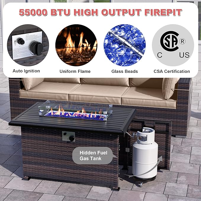 Kurapika 10 Pieces Patio Furniture Set, Rattan Wicker Outdoor Conversation Sets w/43in Propane Fire Pit Table and 4 Inch Cushion(Sand)