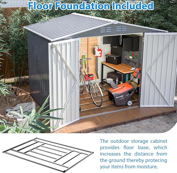 8 x 6 FT Outdoor Storage Shed with Floor Frame,Utility Metal Tool Storage with Lockable Doors,Air Vents & Waterproof Roof, Large Garden Shed for Backyard, Patio Lawn,Gray