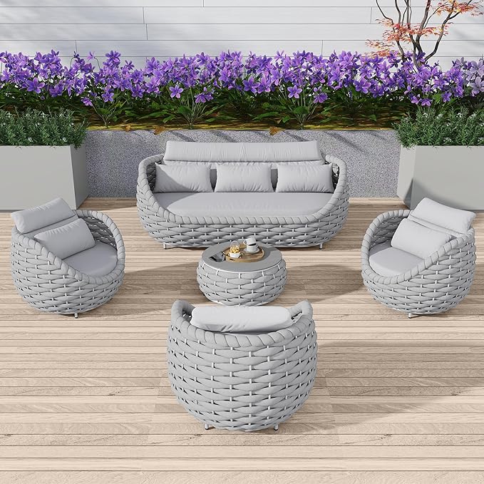TWT 6-Piece Aluminum Patio Furniture Set, Modern Outdoor Conversation Set Sectional Sofa with Water Repellent Thick Cushions and Coffee Table for Balcony, Garden