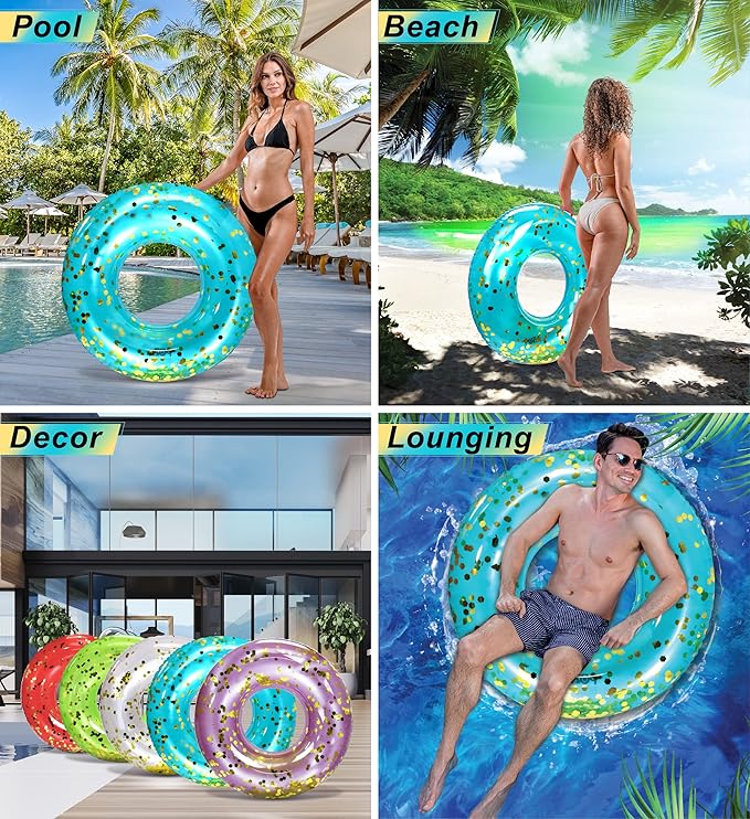 POZA Inflatable Pool Float Tube – Sparkly Confetti Swim Ring, Heavy Duty UV Resistant Inflatable Tube Pool Float for Kids & Adults – Multiple Colors & Sizes – Beach, Lake & Pool Party Float