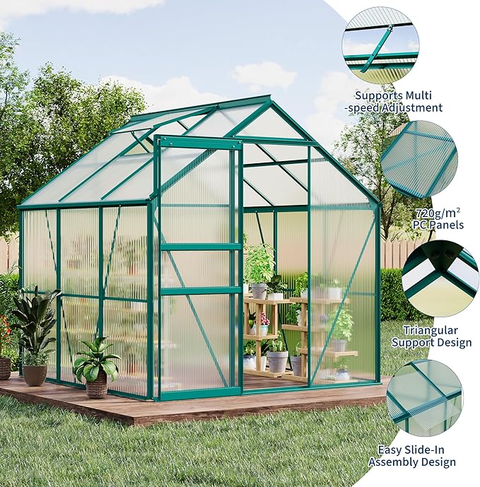 Garvee 6 x 6 FT Outdoor Greenhouse, Polycarbonate Greenhouses with Aluminum Frame, Sliding Door, Adjustable Roof Vent for Backyard, Green Houses for Outside Garden Backyard, Patio, Green