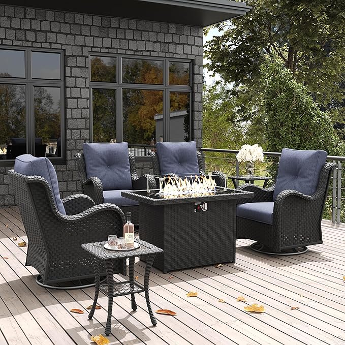 LayinSun 7 Pieces Outdoor Patio Furniture Set with Fire Pit Table, Rattan Wicker Swivel Rocker Chairs Sets with Swivel Glider Chairs and Coffee Table