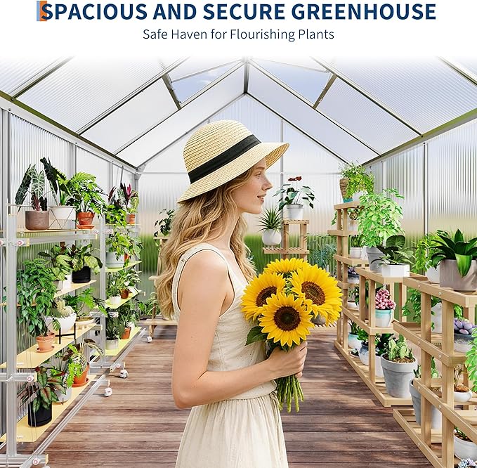 GarveeHome 6 x 8 FT Polycarbonate Greenhouse, Winter Greenhouses for Outdoors with Aluminum Frame, Sliding Door, Adjustable Roof Vent, Backyard Green Houses, Patio Garden, Silver