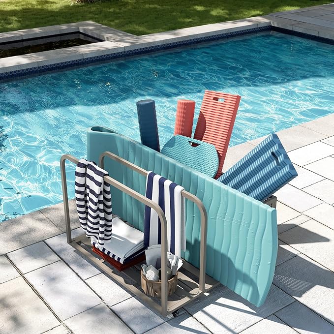 Ulax furniture Cleveland Pool Float Storage Organizer, Steel Pool Float Holder with Basket Shelf, Towel Bars & Hooks