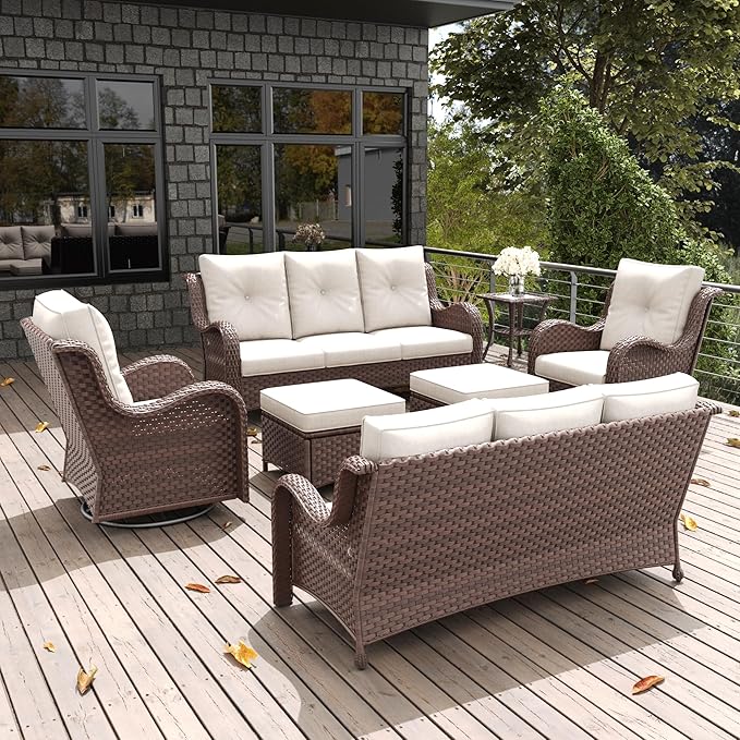 LayinSun 7 Pieces Outdoor Patio Furniture Set, Rattan Wicker Sectional Swivel Rocker Chairs Sets with Ottomans, Swivel Glider Chairs and Coffee Table