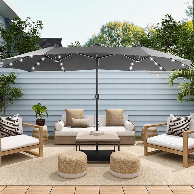 Sophia & William 15 ft Extra Large Patio Umbrella with Solar Lights, Rectangular Outdoor Umbrella with Base Included, Market Umbrella Double-sided Heavy Duty for Pool Garden Backyard, Smoky Gray