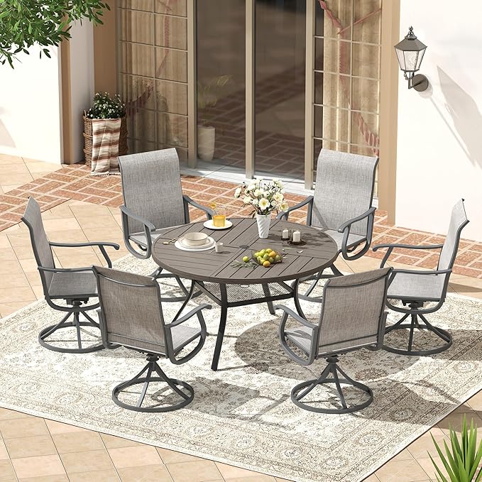 VICLLAX Round Patio Dining Table, 4-6 Person Metal Outdoor Dining Table with Umbrella Hole and Storage Shelf for Garden Lawn Deck, 47.2" Grey