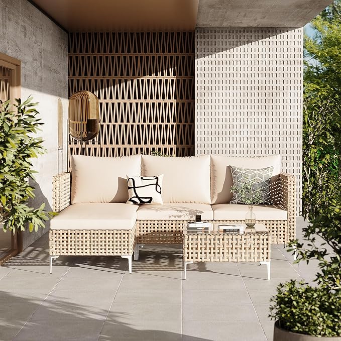 Patio Furniture Set, Outdoor Couch with Glass Coffee Table&Thick Cushion, Wicker Chaise Longue Sofa Set, All-Weather PE Rattan Conversation Set for Garden, Deck, Poolside(3pcs Yellow&Beige)