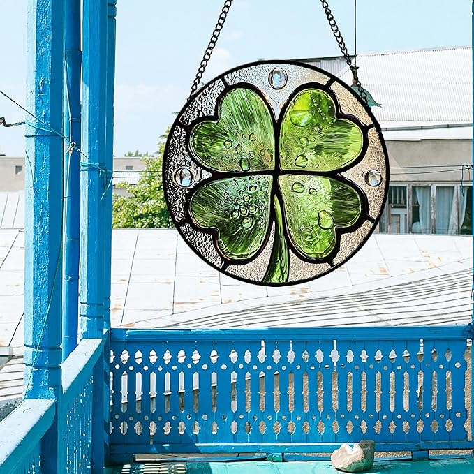 AMDERVEN Stained Glass Window Hanging - St. Patrick's Day Green Irish Themed Gifts Sun Catcher Door Home Clover Decor Suncatcher Christmas Mother's Day Birthday Gifts for Women Men Mom Nana 6.3 in