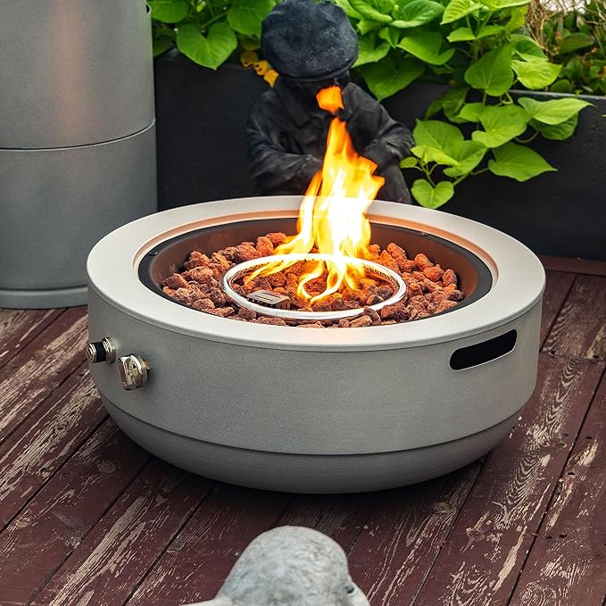 24" Round Propane Gas Fire Pit Bowl, 50,000 BTU Outdoor Gas Firepit Table Patio Burner with Steel Lid, Lava Rocks, Portable Design for Deck Backyard Garden Camping Party Use (Grey)
