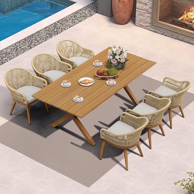 PURPLE LEAF 7 Pieces Longer Patio Dining Set with Outdoor Aluminium Dining Table and Woven Chairs Modern Metal Furniture Cushions Sets for Garden Yard Indoor Decor Kitchen Teak
