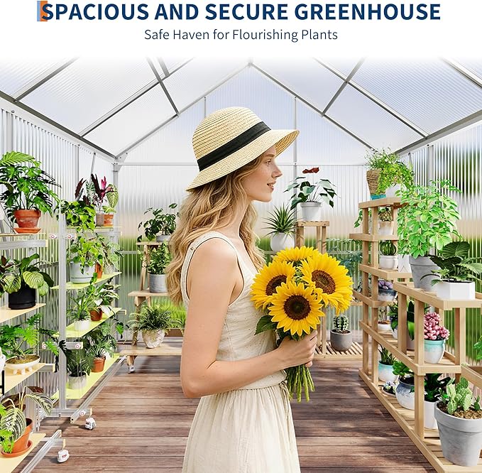 GarveeHome 6 x 6 FT Polycarbonate Greenhouse, Winter Greenhouses for Outdoors with Aluminum Frame, Sliding Door, Adjustable Roof Vent, Backyard Green Houses, Patio Garden, Silver