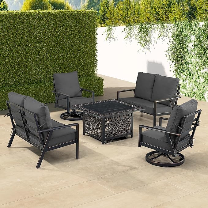 Oakland Living Black Aluminum Patio Fire Table Set with Two Deep Seating Loveseat with Cushions and Two Club Chairs with Black Cushions