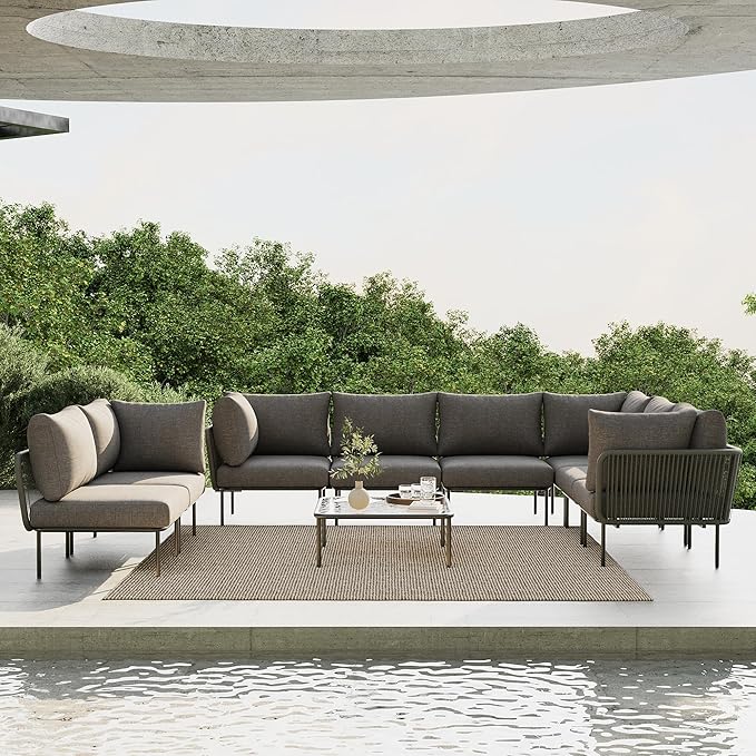 9 Piece Modern Outdoor Rope Wicker Sectional Patio L-Shaped Conversation Sofa Set Deep Seating with Thick Cushions