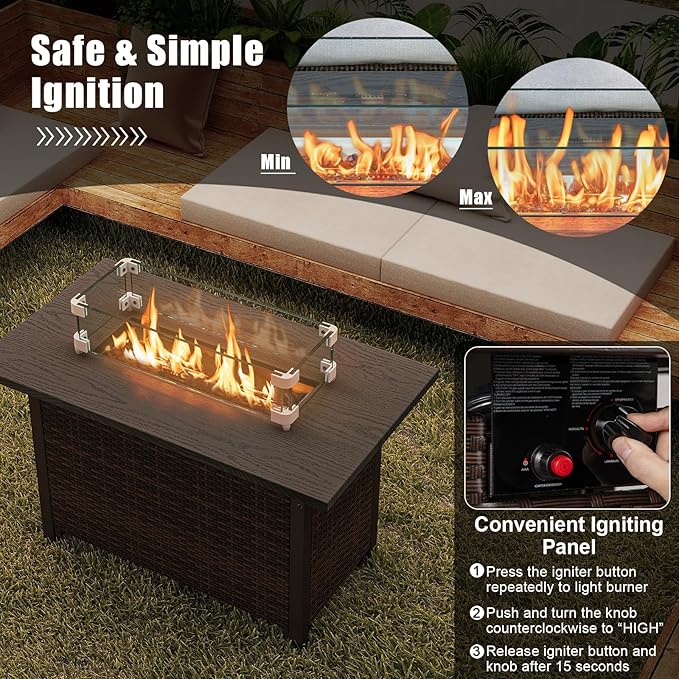 Tangkula Outdoor Propane Fire Pit Table, 42 Inch Rectangular Rattan Fire Table with Wind Guard & Glass Rocks, 50,000 BTU Smokeless Gas Fire Pit for Outside Patio (Brown)