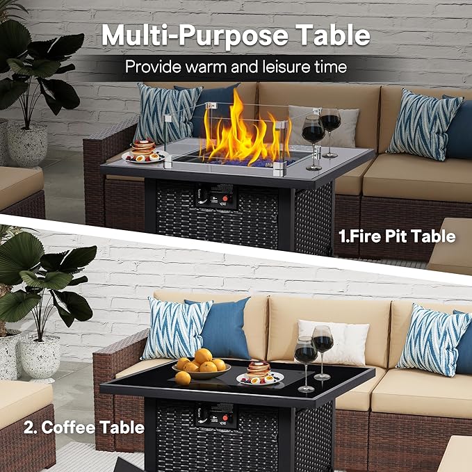 FHFO 28" Propane Fire Pit Table, Outdoor Square Fire pits with Cover,50,000 BTU Steel Gas Firepit, CSA Certified, Pulse Ignition,Glass Stone,Wind Guard, Ideal for Outdoor Patio, Outside, Dining-Black