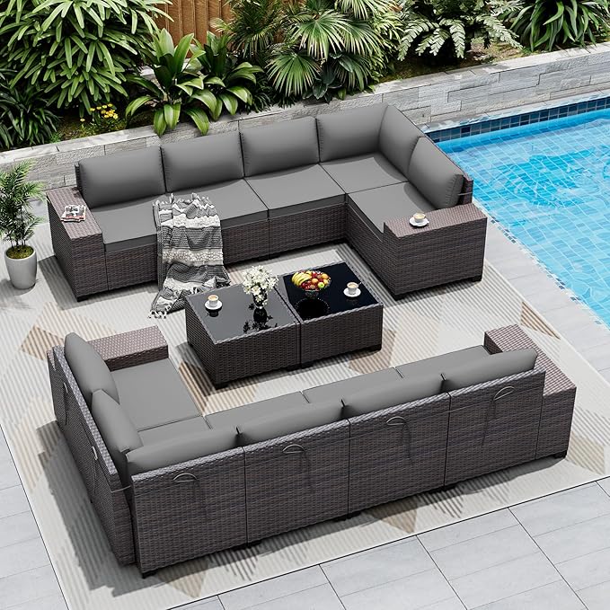 Outdoor Patio Furniture Set, 12 Pieces Outdoor Sectional Furniture High Backrest Patio Sofa, All-Weather PE Rattan Patio Conversation Set with Coffee Table & Cushions(Grey).