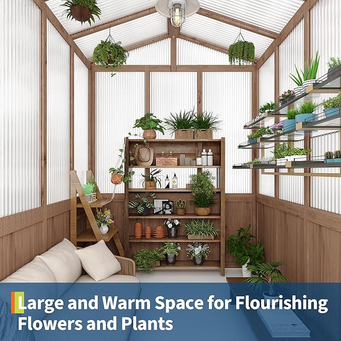 6x8FT Wooden Greenhouses for Outdoors, Wooden Walk-in Green House with Cedar Frame, Greenhouse Kit with 6MM Thick Polycarbonate Panel