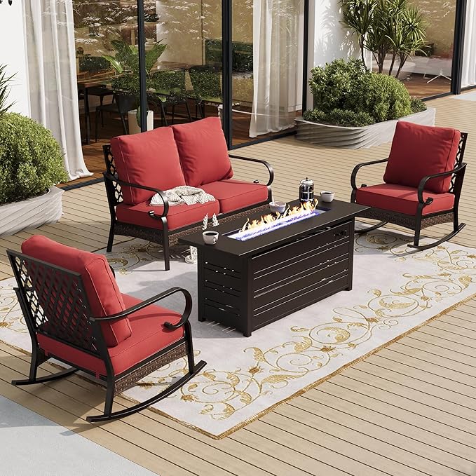 SUNSHINE VALLEY 4 Piece Metal Outdoor Patio Furniture Sets with Firepit Table, Patio Conversation Sets 1 2-Seater Sofa, 2 Rocking Sofa with 5.75" Cushion Black Backyard Furniture for Deck, Rust Red