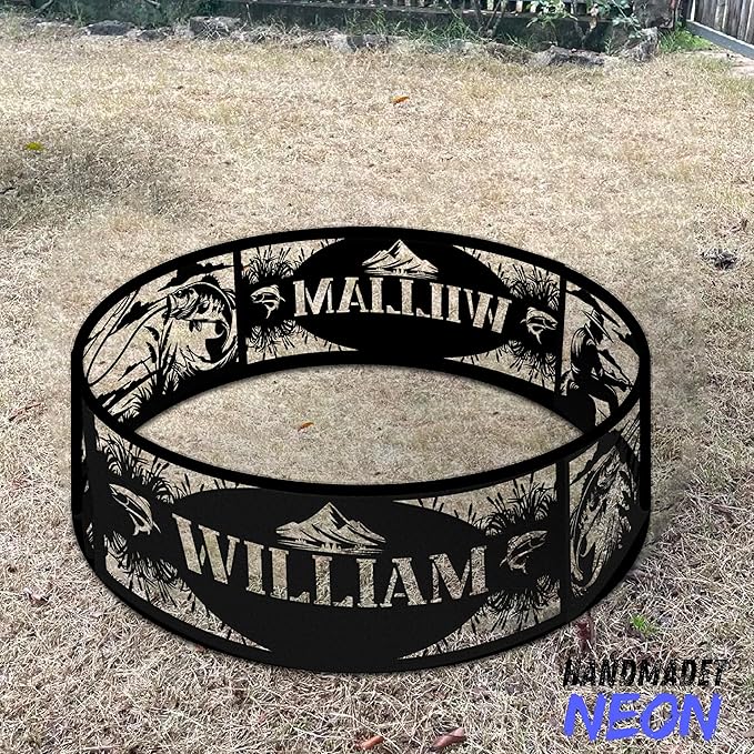 Personalized Fire Pit Ring Fishing Custom Name Cutout Metal Campfire Ring Stove 360 Degree Firepit Outdoor BBQs Backyard Camping Garden Decor Gifts for Father Dads Fishermen