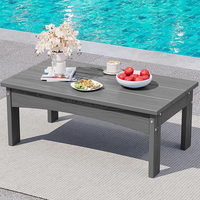 SERWALL Outdoor Coffee Table, HDPE All-Weather Patio Table, Patio Furniture Accent Table for Garden, Backyard, Balcony, Poolside, Grey