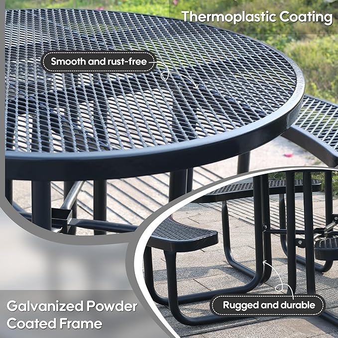 Sunnibety 8-Person Picnic Tables for Outdoors, Industrial 46" Expanded Metal Round Picnic Table with 4 Benches & Umbrella Hole, Outside Table and Bench Set for Park, Garden, Backyard, Patio, Black
