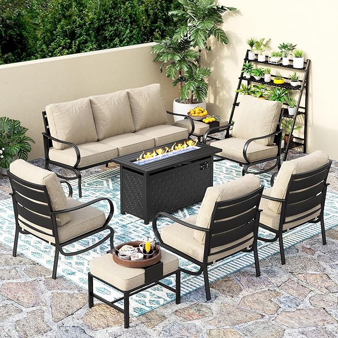 PHI VILLA 8 PCS Patio Furniture Set with 1 x 45 FirePit Table, 1 x 72 Sofa Bench, 4 x Armrest Sofa Chairs and 2 x Metal Cushioned Ottoman