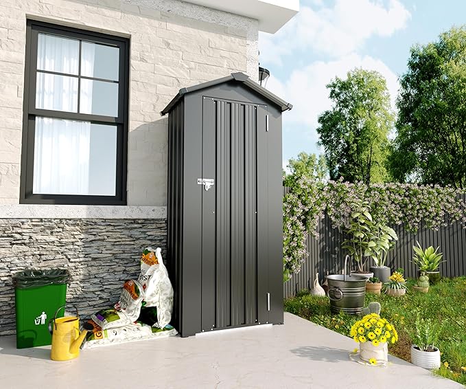 2.5x1.4 FT Outdoor Storage Shed, Tool Shed with Waterproof Roof and Lockable Door,Metal Shed with Adjustable Open Shelves for Backyard Garden Patio Lawn,Black