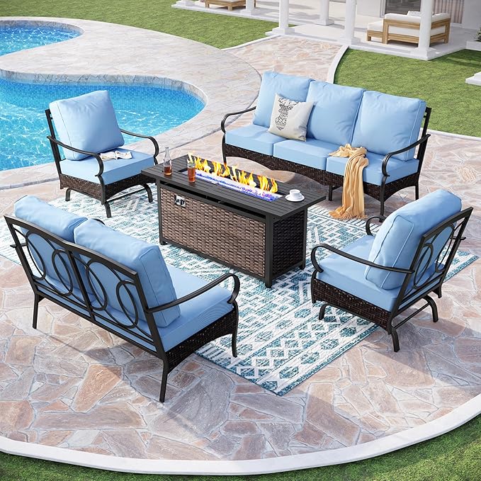 PHI VILLA Patio Furniture Set with 56" Fire Pit Table, Premium Outdoor Wicker Metal Frame Furniture with Upgraded Waterproof Thick Cushions for Porch, Poolside, Deck, and Yard
