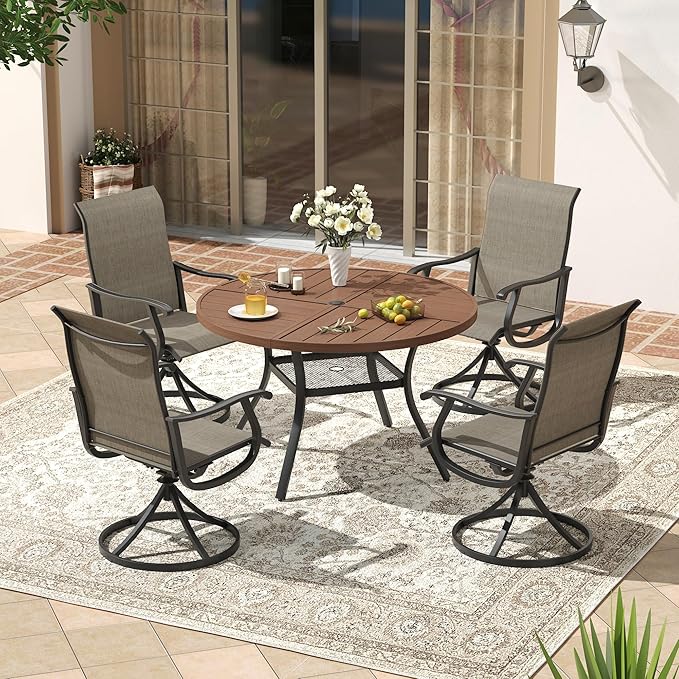 VICLLAX Round Patio Dining Table, 4 Person Metal Outdoor Dining Table with Umbrella Hole and Storage Shelf for Garden Lawn Deck, 40.6" Walnut