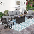 SUNSHINE VALLEY 4 Piece Metal Outdoor Patio Furniture Sets with 5000 BTU Firepit Table, Patio Conversation Sets 1 3-seater Sofa, 2 Swivel Chair with 5.75" Thick Cushion, Black Backyard Furniture, Gray