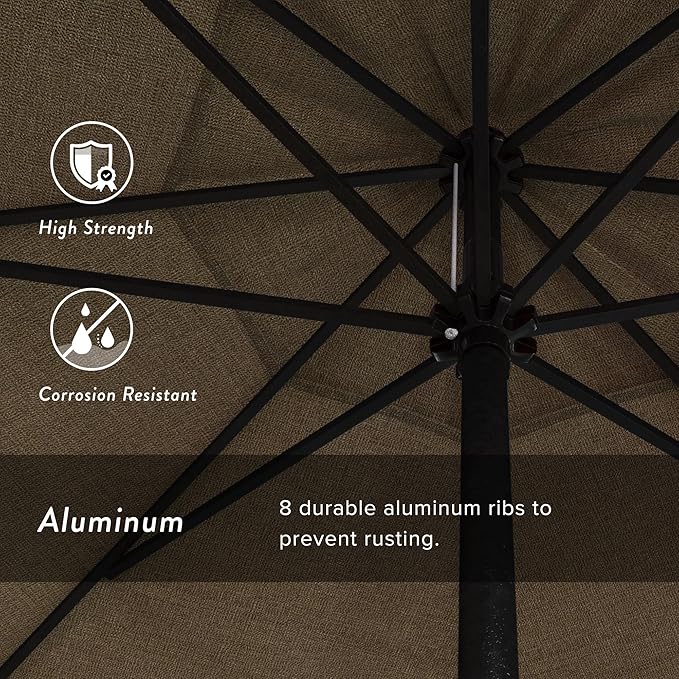California Umbrella 9' Rd Aluminum Patio Umbrella, Crank Lift, Auto Tilt, Black Finish, Sunbrella Linen Sesame