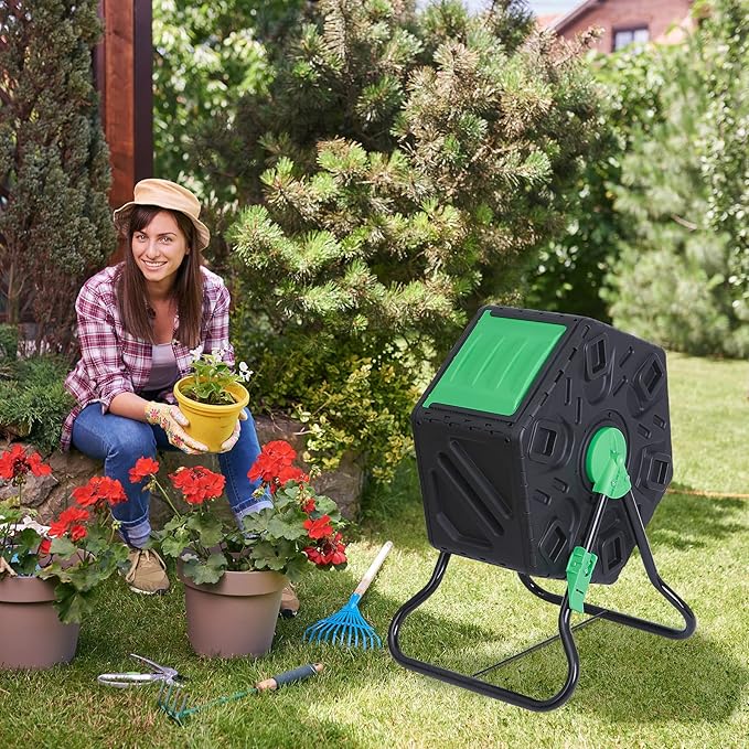 BBBuy Compost Bin Tumbling Composter Rotating w/Sliding Doors Compost Bin, Single Chamber Heavy Duty Outdoor Gardening Composting Tumblers Garden Yard (18.5 Gallon, Black)