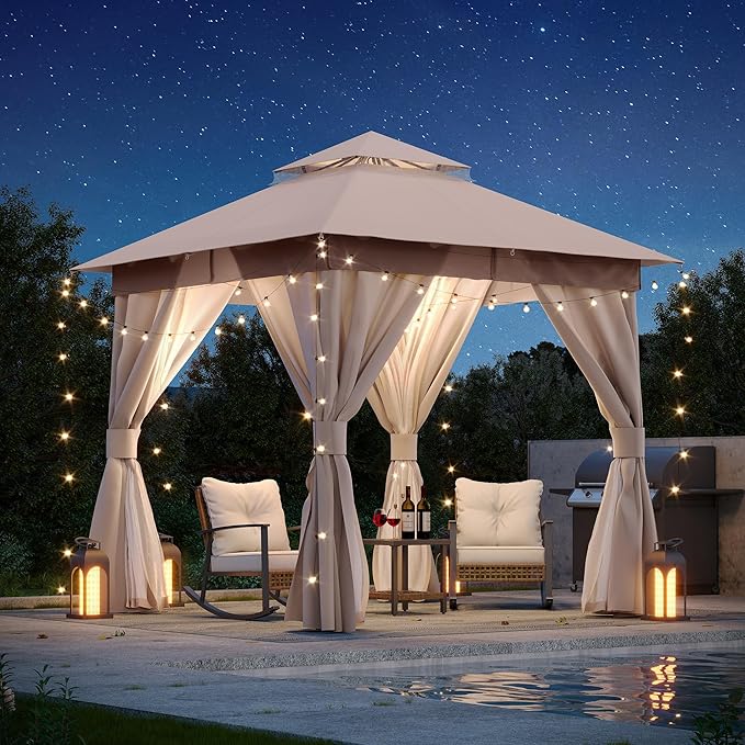 LAUSAINT HOME Gazebo 8x8ft, Heavy Duty Patio Gazebo with Expansion Bolts, Party Canopy Tent with Double Roofs, Mosquito Nettings and Privacy Screens for Backyard, Garden, Lawn, Khaki
