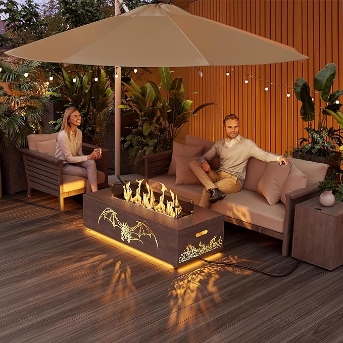 Dineli 2-Piece Outdoor Propane Fire Pit Table Set w Tank Table 42'' Rectangular Gas Fire Pits for Outside Patio Fire Table w LED, 50,000 BTU (Gray, Pterosaur Cutout with Warmlight)