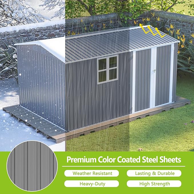 8x12 FT Metal Outdoor Storage Shed with Window & Reinforced Floor Frame, Lockable Double Doors, Weatherproof Steel Garden Tool Shed for Backyard, Lawn Equipment & Patio Organization