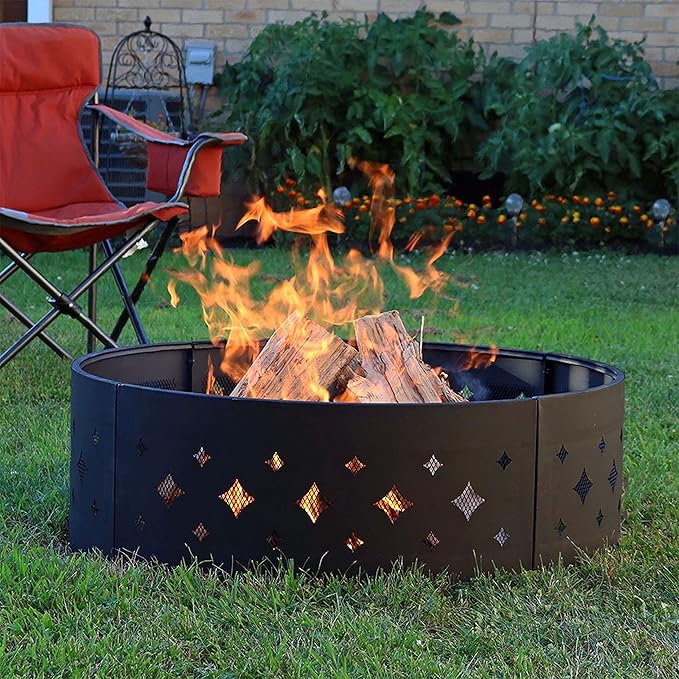 Sunnydaze 36-Inch Outdoor Fire Pit Ring with Poker - Round Heavy-Duty Steel Fire Ring for Camping or Backyard - Diamond - 10" H