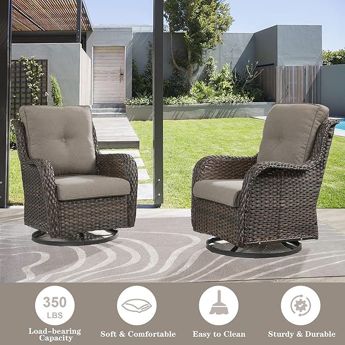 Belord 5 Piece Outdoor Patio Furniture Set - Wicker Furniture Patio Conversation Set, Outdoor Swivel Rocker Chairs with Loveseat Sofa and 2 Ottomans for Small Space, Gray Cushion