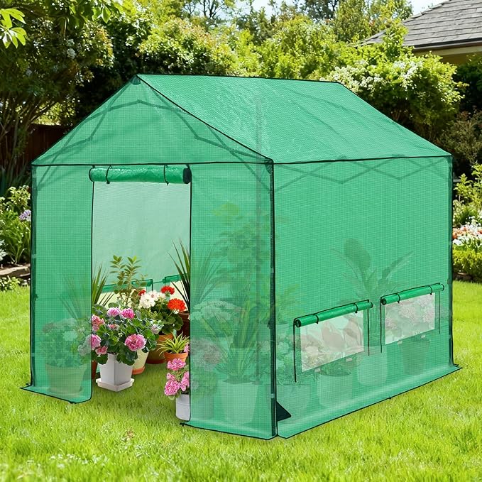 COOS BAY 10x10 FT Pop up Greenhouse Outdoor with Winter Support Pole, Walk in Green House with Power Access Openings, Zippered Doors & Windows, Durable PE Cover, Green