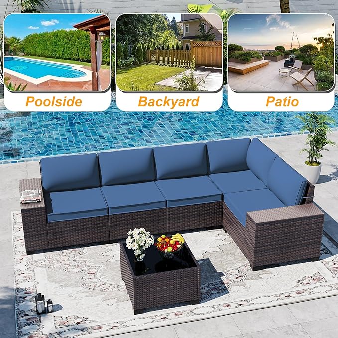 Outdoor Patio Furniture Set, 6 Pieces Outdoor Sectional Furniture High Backrest Patio Sofa, All-Weather PE Rattan Patio Conversation Set with Coffee Table & Cushions(Dark Blue).