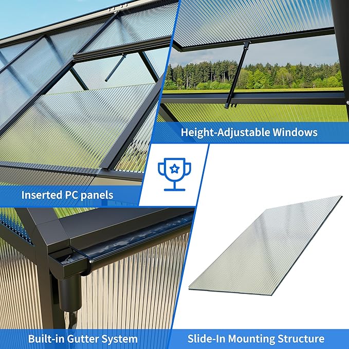 WKM 8x12 FT Greenhouse for Outdoors, Quick-fit Structure Green House with Window for Ventilation, Aluminum Greenhouse for Garden Backyard, Black