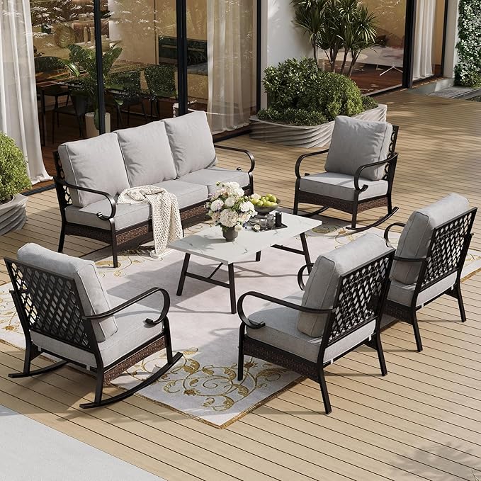 SUNSHINE VALLEY 6 Piece Metal Outdoor Patio Furniture Set, Patio Conversation Set with 1 3-Seater and 2 Fixed Sofas, 2 Rocking Sofas with 5.75" Cushion & Coffee Table, Black and Light Gray
