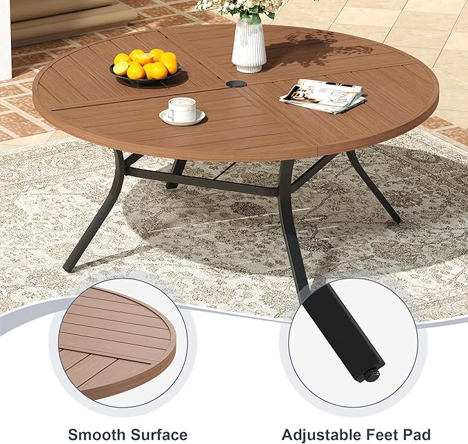 VICLLAX Round Patio Dining Table, 6-8 Person Metal Outdoor Dining Table with Umbrella Hole and Storage Shelf for Garden Lawn Deck, 53" Walnut