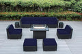 Fully Assembled Sectional 11 Piece Sunbrella Navy Outdoor Patio Furniture Black Wicker Conversation Set with 42-inch Propane Gas Fire Table